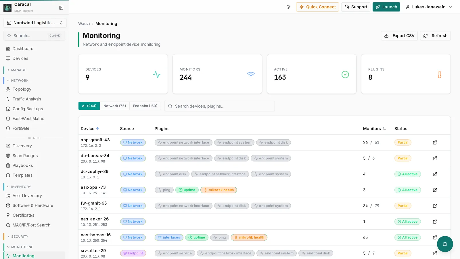 Caracal Monitoring: 244 Monitore über Netzwerk- und Endpoint-Geräte mit Plugin-Status