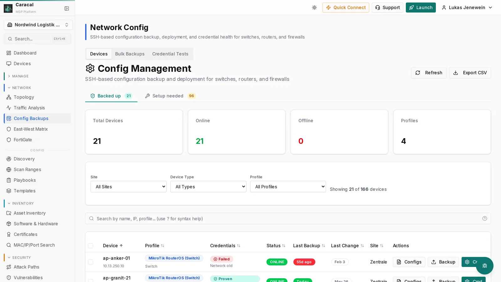 Caracal Netzwerk-Config: SSH-basierte Config-Backups und Credential-Health für Switches, Router und Firewalls