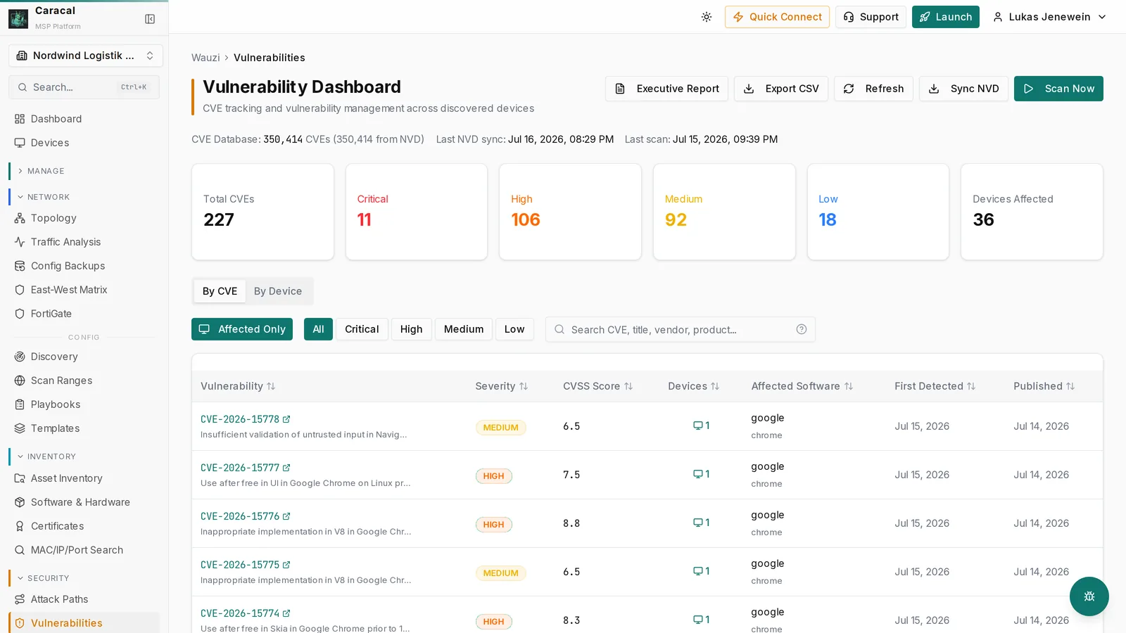 Caracal Vulnerability Dashboard: CVE-Tracking mit NVD-Sync, Severity und betroffenen Geräten